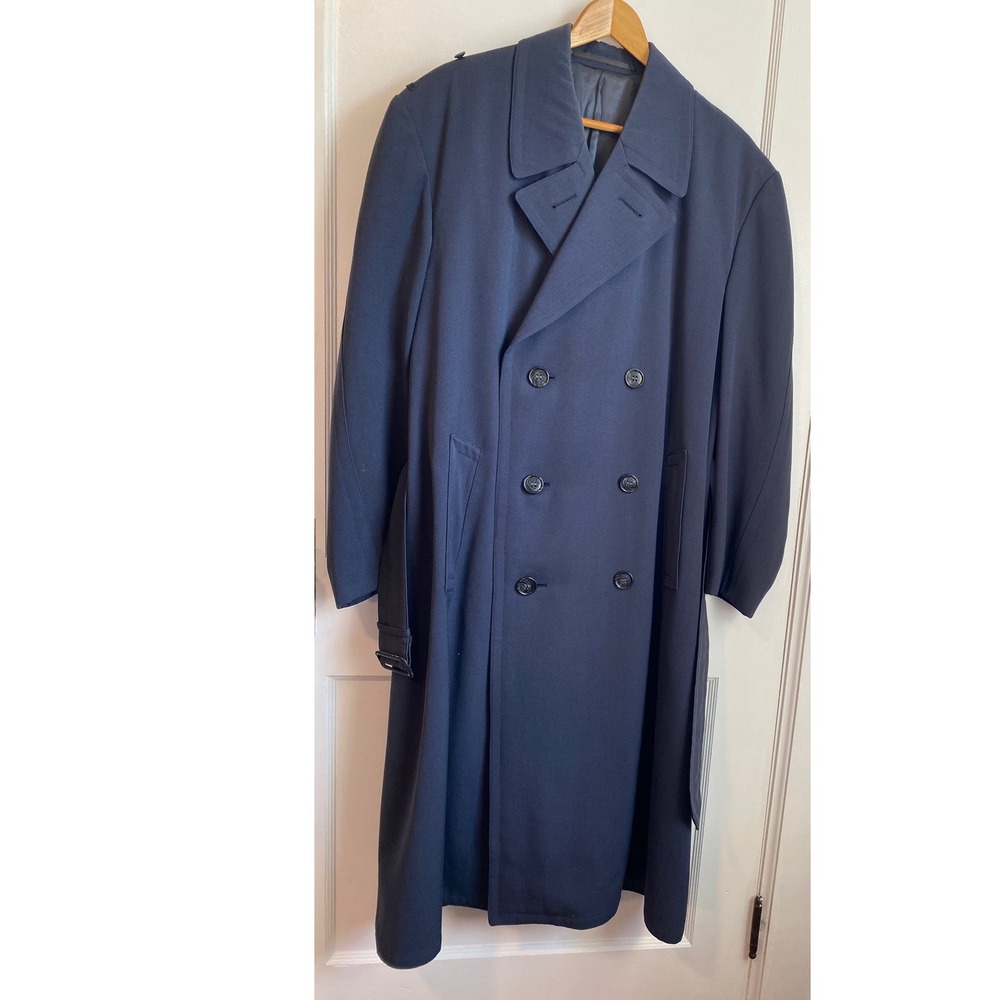 Vtg Uniformhaus Carl Weyers Koln Navy Double Breasted Trench Coat Belted XL